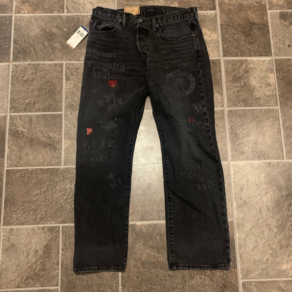 Polo Ralph Lauren Jean Sz 32 X 30 Black Grey Classic Fit Embroidered Art Graphic